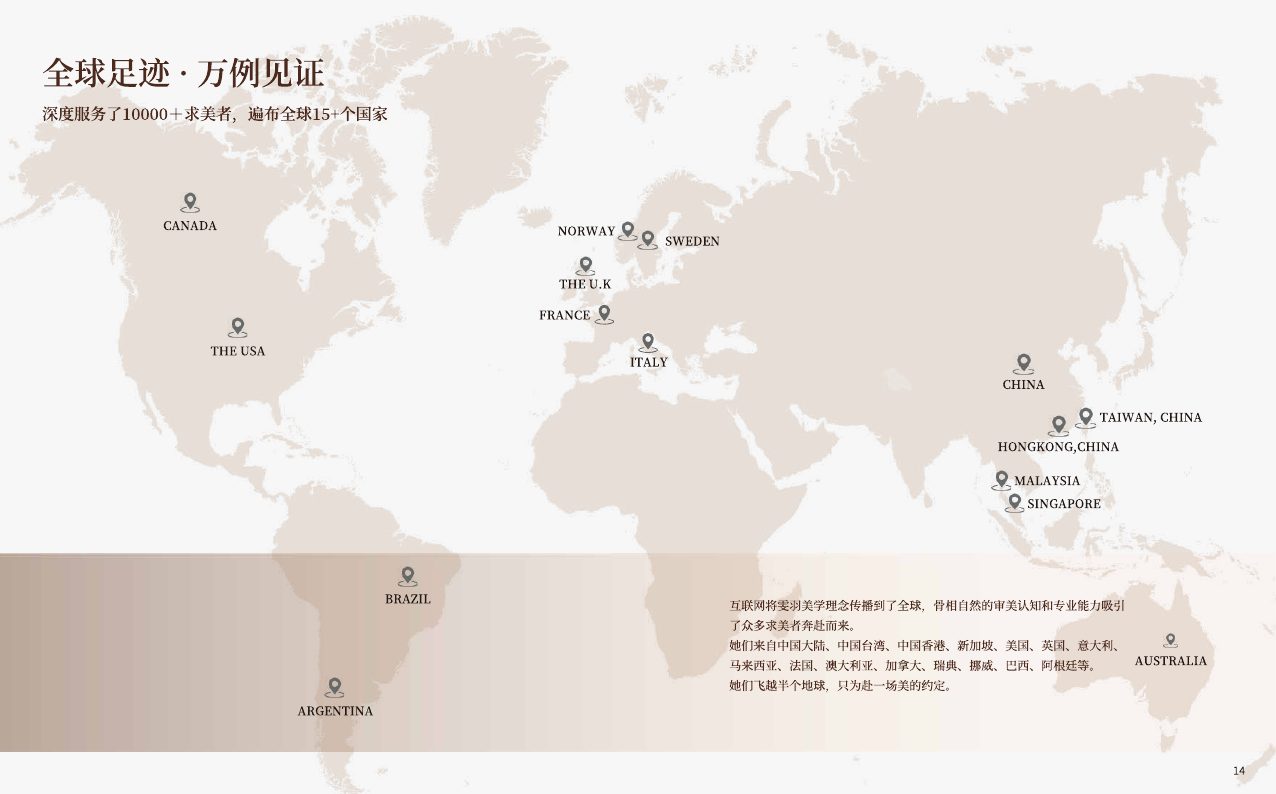 雯羽明星美学全球足迹地图，覆盖加拿大、美国、欧洲、中国、新加坡、澳大利亚等国家与地区
